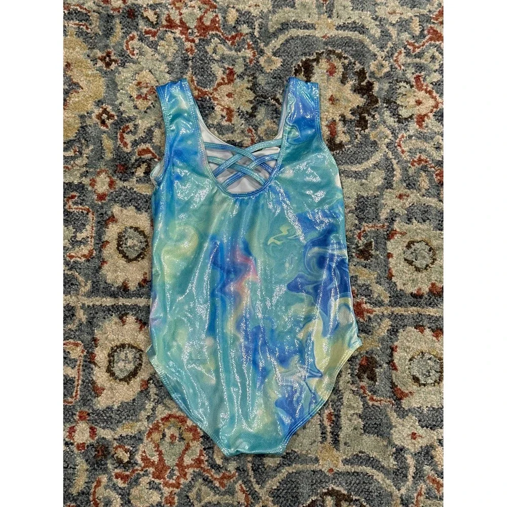 Leotard Girls 9Y Blue Marble Metallic‎ Criss Cross Back EUC